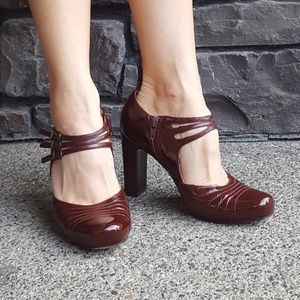 Oxblood/burgundy patent leather buckle heels, 7.5